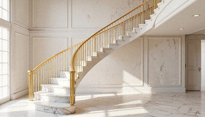 Elegant spiral staircase with golden handrail in luxurious interior, opulence