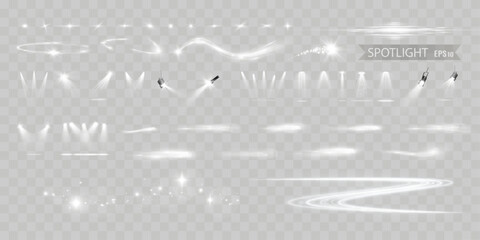 Set of glowing light effects, sparkles, and spotlights on transparent background, perfect for digital design, decorations, and visual effects.