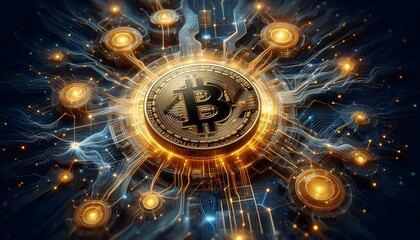 Bitcoin, blockchain technology, digital finance, high-tech golden Bitcoin