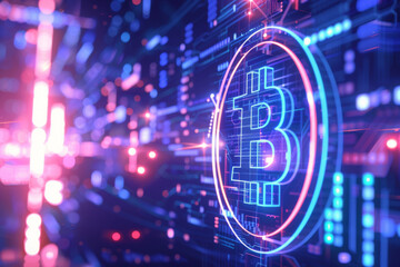 Fototapeta premium Bitcoin symbol glowing in neon digital network with blockchain circuits. Concept of cryptocurrency, decentralized finance and futuristic financial technology