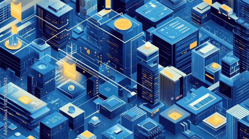 Poster an isometric vector map visualizing data network management, including business networking servers, 