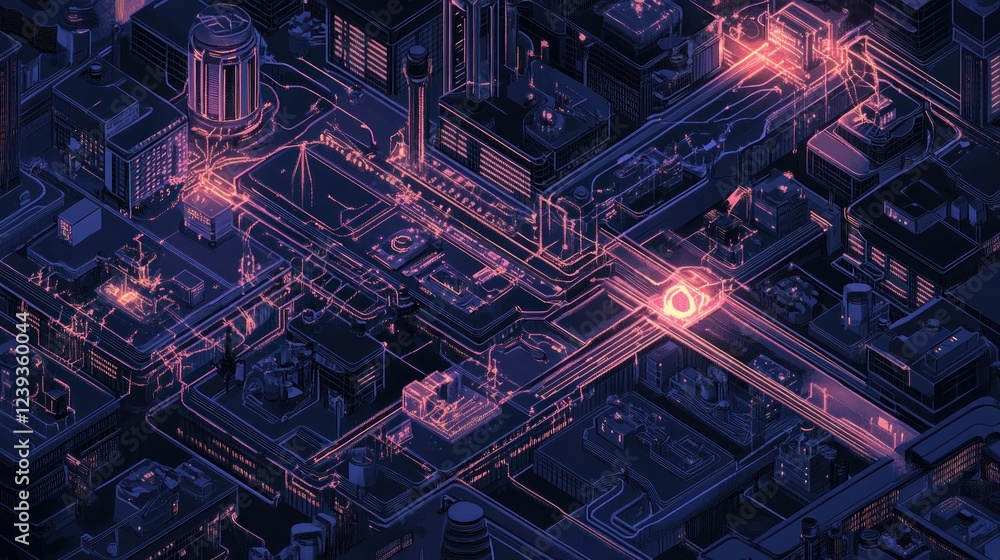 Poster an isometric vector map visualizing data network management, including business networking servers, 