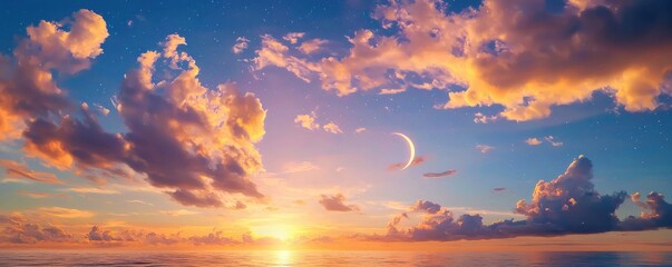 Fototapeta premium A breathtaking sunset with vibrant colors and wispy clouds, creating a serene atmosphere against a tranquil sea backdrop.