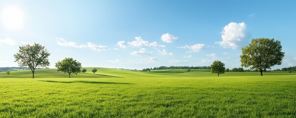 A serene landscape featuring lush green fields, scattered trees, and a clear blue sky with soft clouds, ideal for nature lovers and outdoor enthusiasts.