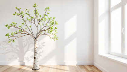 Obraz premium Artistic installation from artificial birch branches in a minimalist living room, spring