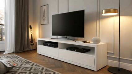 Modern living room features a sleek white TV stand,electronic devices,and a large flat-screen TV.Soft lighting from a floor lamp and natural light streaming through the window illuminate the space.AI