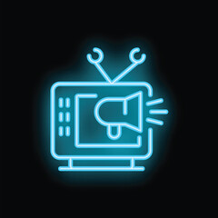 Blue neon icon of a television with a megaphone on the screen, representing the concept of advertising and mass media communication