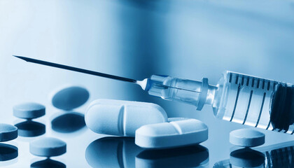 Medical concept: syringe and white pills, capsules on reflective surface. A close-up. Syringe and needle