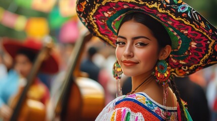 Hispanic young female in traditional mexican attire celebrating festival outdoors