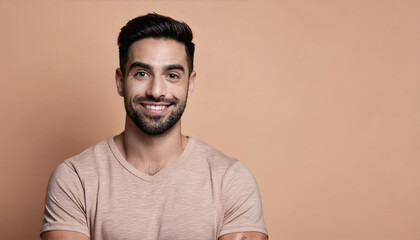 Obraz premium Handsome Smiling Man in Studio Portrait with Charming Look, Pastel Background, copyspace 