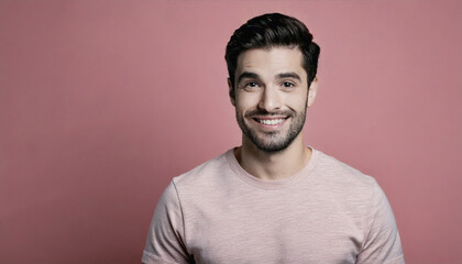 Fototapeta premium Handsome Smiling Man in Studio Portrait with Charming Look, Pastel Background, copyspace 