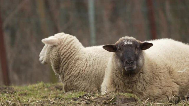 Domestic sheep with funny expression. Livestock on small farm in Czech republic countryside. Funny animal video. 