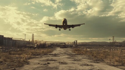 A plane approaches landing over a barren ground scattered with debris and industrial remnants. The sky is filled with clouds, casting a dramatic light during sunset