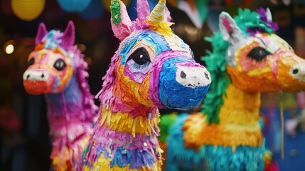 Vibrant multicolored unicorn pi&ntilde;atas at mexican market celebration