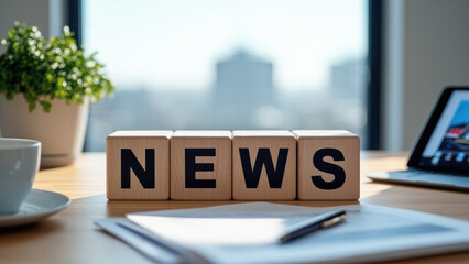 News concept with wooden cubes and office desk scene with copy space