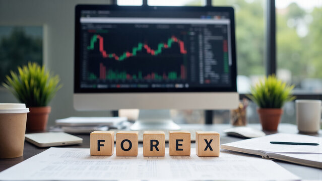 Forex trading concept with computer screen displaying market charts and wooden blocks