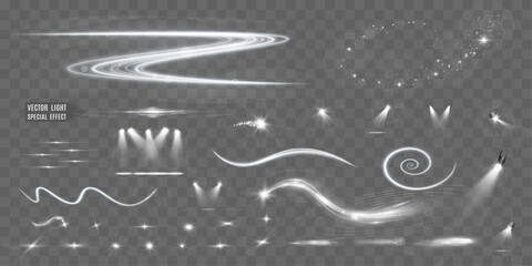 Set of glowing light effects, sparkles, and spotlights on transparent background, perfect for digital design, decorations, and visual effects.