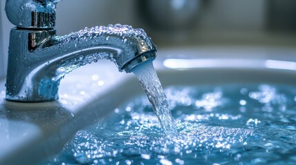 Close-up of running water tap with droplets and fresh blue sink reflection