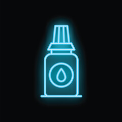 Blue neon icon of an eyedropper bottle glowing on a black background, perfect for designs related to healthcare, medicine, and pharmaceuticals