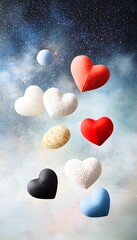 Obraz premium Colorful 3D Hearts Floating in a Dreamy Cosmic Background