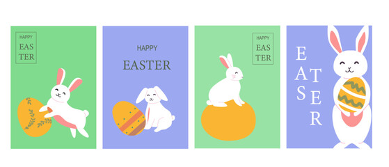 Modern bright cards with Cute easter bunnies and eggs on colorful backgrounds.