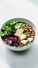 Warm bowl features a vibrant mix of wild rice, grilled chicken, beans, and fresh greens topped with a green sauce, set in a sunlit environment that highlights its nutritious appeal. Healthy eating