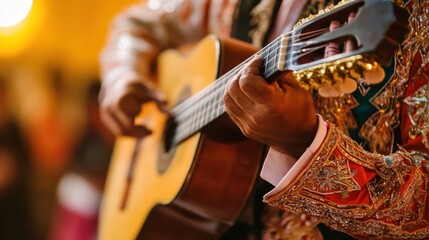 Hispanic male musician playing guitar in festive attire