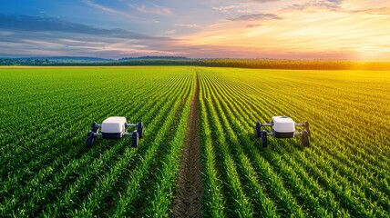 Two autonomous farming robots work in a lush green field at sunset, symbolizing innovation in agriculture and sustainable farming practices.