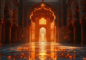 Majestic Archway Aglow with Warm Light in an Ornate Interior

