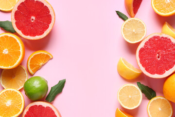 Different cut citrus fruits with leaves on pink background
