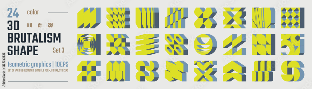 Poster 3d Color postmodern abstract geometric graphic elements, Brutalist vector shapes, Refraction and distortion glass effect various form, isometric trendy design symbols in Y2K aesthetics set 3