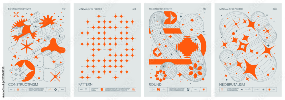 Poster brutalist style vector minimalistic posters with silhouette basic figures, retro futuristic graphic 