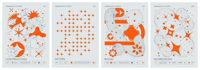 Brutalist style vector minimalistic Posters with silhouette basic figures, Retro futuristic graphic elements of geometric shapes rave composition, Modern color print artwork, set 80