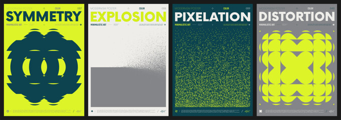 Modern abstract artwork collection, vector minimalistic posters with geometric shapes, brutalism style inspired graphic, bold Y2k futuristic aesthetic, form distortion effect, color set 10