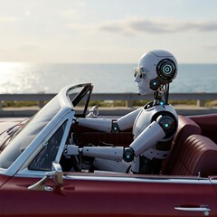 Fototapeta premium A humanoid robot operates a car, showcasing advanced AI and automation in self-driving technology.