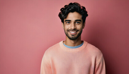 Obraz premium Handsome Smiling black hair Man in Studio Portrait with Charming Look, Pastel Background, copyspace 