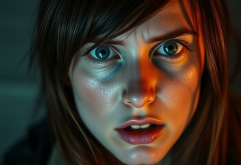 Scared female person with brown hair and blue eyes