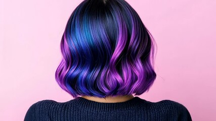 A woman with vibrant purple and blue hair stands against a pink background, symbolizing creativity and self-expression, ideal for Pride Month and fashion concepts