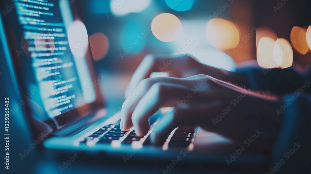 Aufkleber Hands typing on a laptop keyboard with code displayed on the screen in a dimly lit environment with colorful bokeh lights in the background. Perfect for themes of programming, coding, and technology