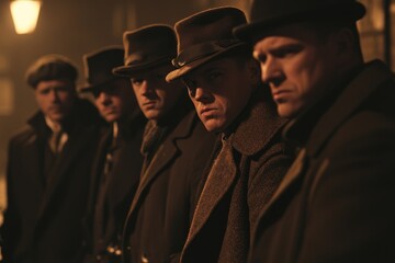Gangsters in the shadows of the night, a vintage crime scene. Mysterious, suspenseful, and dark, these men in hats exude an air of danger and intrigue. A classic film noir aesthetic.