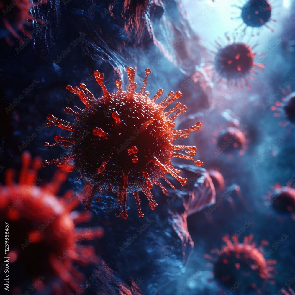 Poster visualization of respiratory virus infection affecting lung tissue in a complex medical background. 