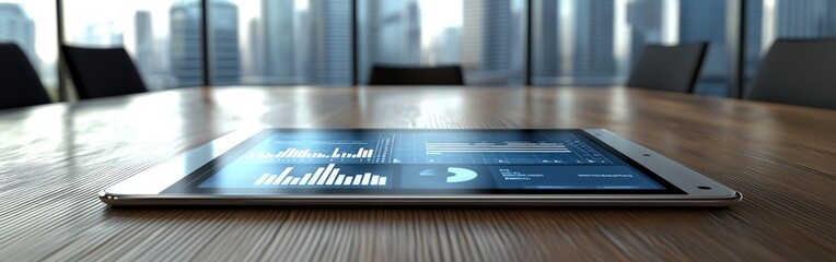 Close-up of a tablet showing data analytics in a modern office for online training