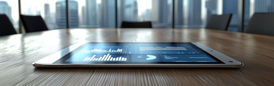 Close-up of a tablet showing data analytics in a modern office for online training