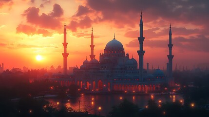 Fototapeta premium Majestic Mosque Silhouetted Against a Vibrant Sunset with Colorful Clouds