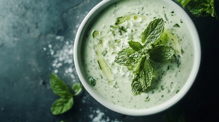 Obraz premium Chilled Cucumber and Mint Soup Served in a White Bowl