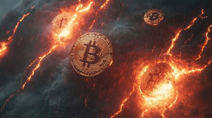 A dramatic scene featuring glowing golden Bitcoins amidst a fiery, volcanic landscape with dark clouds and lava flows