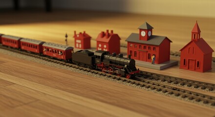 Miniature Train Set with Red Houses