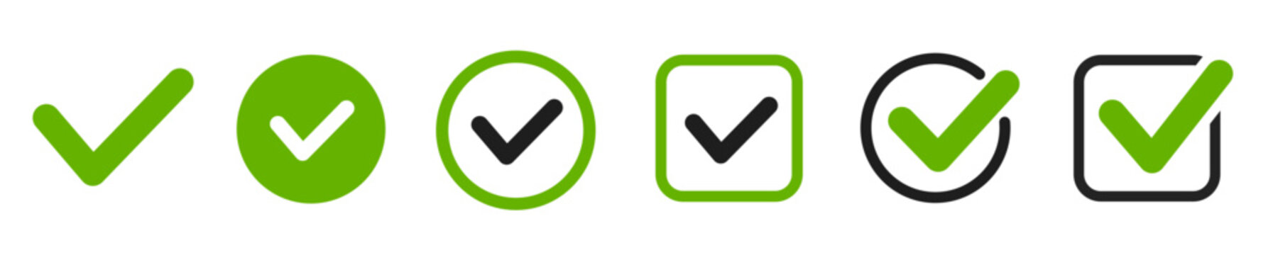 Check mark icons set. Vector illustrations. Tick symbols collection. Checkmark icons and checkbox signs.
