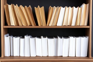 Organized Wooden Bookshelf with Neat Rows of Books - Neatly organized bookshelves, symbolizing knowledge, order, learning,  education, and achievement.