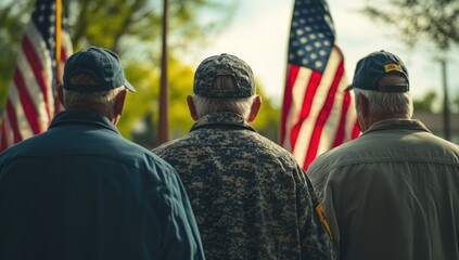 Veterans Day Remembrance: Three Veterans stand solemnly before American flags, paying tribute to service and sacrifice.